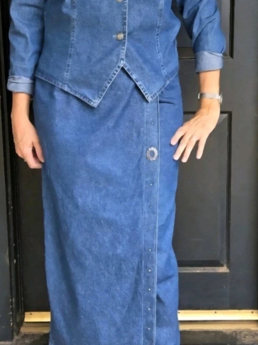 Vintage Samantha Edwards Denim Maxi Skirt Set in Southwest Studed Style